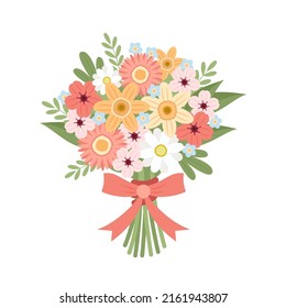 Flowers bouquet vector with daisy, narcissus, cherry blossom, forget-me-nots with ribbon Cute vector illustration in flat cartoon style