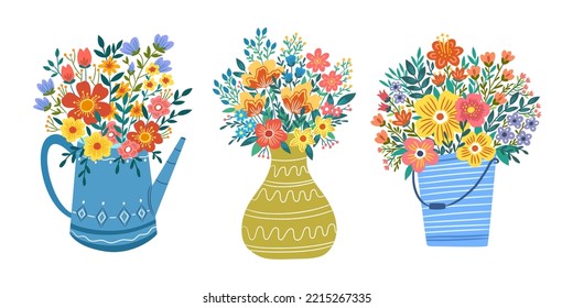 Flowers bouquet in watering can, pot, bucket