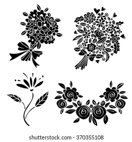 Flowers, bouquets hand drawn black set isolated