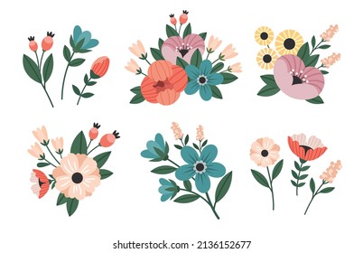 Flowers and bouquets isolated on white background. Set of spring and summer flowers. 