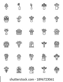 Flowers bouquets line icons set. linear style symbols collection, outline signs pack. vector graphics. Set includes icons as wrapped flowers bouquet, tulips, chamomile, lilies, floral basket, vase