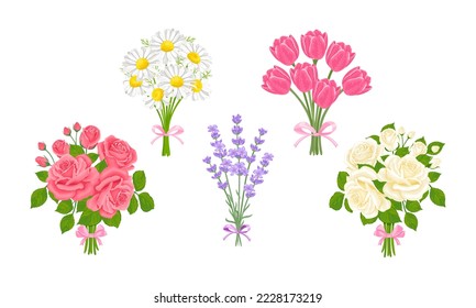 Flowers bouquets set. Pink and white roses, daisies, lavender and tulips. Collection of vector cartoon floral illustration.