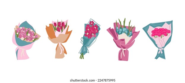 Flowers bouquets set. Tulips, poppies, chamomile, lilies of the valley, plants in pots. Vector colorful illustration isolated on white