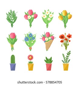 Flowers bouquets set. Tulips, poppies, chamomile, lilies of the valley, plants in pots. Vector colorful illustration isolated on white 