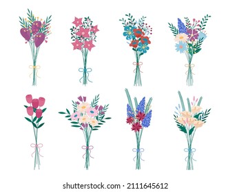 Flowers bouquets vector set. Collection of fresh floral compositions isolated. Blooming meadow and abstract flowers, calla, chamomile on white background. Flat illustration of blossom bunches.