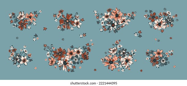 Flowers Bouquets Vintage Vector Set. Flower Garlands. Ditsy Fashion Print. Simple Different Small Wildflowers. Millefleurs Liberty Style Floral Design. Blooming Meadow. Blue, Pink, White, Brown.