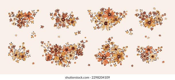 Flowers Bouquets Vintage Vector Set  Flower Garlands  Ditsy Fashion Print  Simple Different Small Wildflowers  Millefleurs Liberty Style Floral Design  Blooming Meadow 