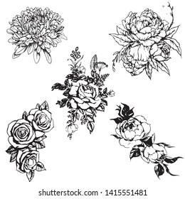 Flowers, bouquets and wreaths. Vector illustration hand drawing isolated on a transparent background