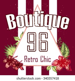 Flowers boutique triangle print and slogan isolated on maroon background