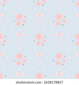 Flowers bow on blue background, polka dots  , fabric pattern, gift wrapping paper , seamless pattern 
