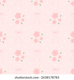 Flowers bow on pink background, polka dots  , fabric pattern, gift wrapping paper , seamless pattern 