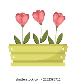 Flowers in box. Floral spring decor. Vector illustration