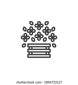 Icono de línea de cuadro Flores. signo de estilo lineal para concepto móvil y diseño web. Bouquet de flores en el icono vectorial de contorno de caja. Símbolo, ilustración del logotipo. Gráficos vectoriales