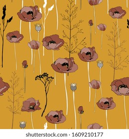 Flowers and boxes of poppies, twigs of grass seamless pattern. Vector illustration with plants in red and tan. EPS 10