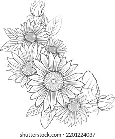 Flowers branch of sunflower Hand drawing vector illustration Vintage design elements bouquet floral tattooing natural collection leaf with buds isolated coloring pages.