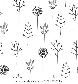 Flowers and branches. Black and white pattern. Seamless picture. Vector. Illustrator