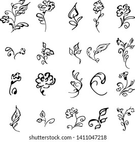 Flowers and branches hand drawn collection isolated on white background. 20 Floral graphic elements. Big vector set. Outline collection