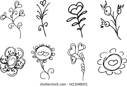 Flowers and branches hand drawn collection isolated on white background. Floral graphic elements. Big vector set. Outline collection