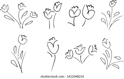 Flowers and branches hand drawn collection isolated on white background. Floral graphic elements. Big vector set. Doodle style