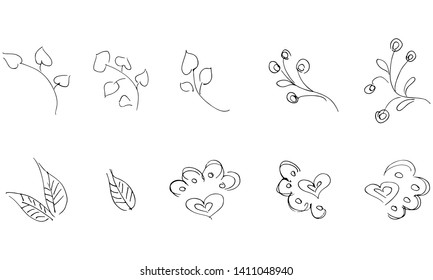 Flowers and branches hand drawn collection isolated on white background. Floral graphic elements. Big vector set. Doodle collection