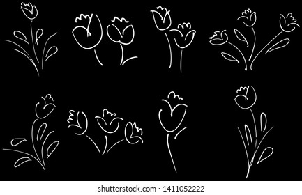 Flowers and branches hand drawn collection isolated on black background. Floral graphic elements. Big vector set. Doodle style