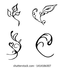 Flowers and branches hand drawn doodle collection isolated on white background. 4 floral graphic elements. Big vector set. Outline collection.