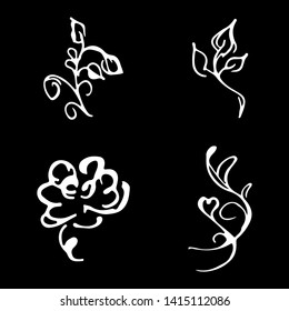 Flowers and branches hand drawn doodle collection isolated on black background. 4 floral graphic elements. Big vector set. Outline collection.