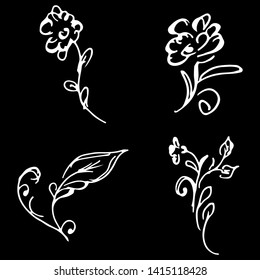 Flowers and branches hand drawn doodle collection isolated on black background. 4 floral graphic elements. Big vector set. Outline collection.