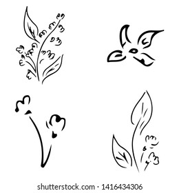 Flowers and branches isolated on white background. Hand drawn doodle collection. 4 floral graphic elements. Big vector set. Outline icons.