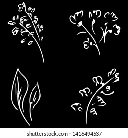Flowers and branches isolated on white background. Hand drawn doodle collection. 4 floral graphic elements. Big vector set. Outline icons.