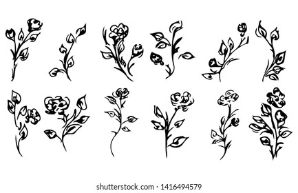 Flowers and branches isolated on white background. Hand drawn doodle collection. 12 floral graphic elements. Big vector set. Outline set.