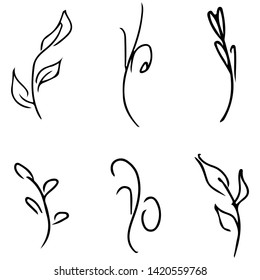 Flowers and branches isolated on white background. Hand drawn doodle collection. 6 floral graphic elements. Big vector set. Outline icons.