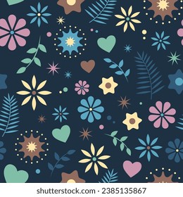 Flowers, branches, leaves and hearts seamless pattern, vector background, simple cute illustration in flat style