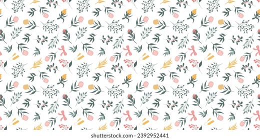 Blumen und Äste von Blättern. nahtloses Muster für Druck, Textilien, Gewebe. Handgezeichnete Modegrafik in sanften Farben
