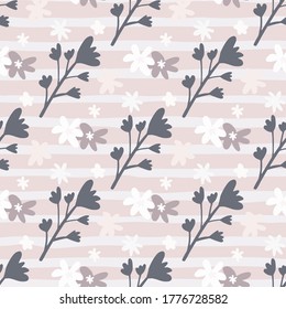 Flowers and branches seamless doodle pattern in purple pastel tones. Lilac background with strips. Decorative backdrop for wallpaper, wrapping paper, textile print, fabric. Vector illustration.