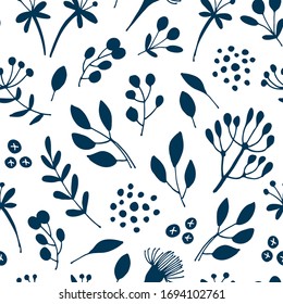 Flowers and branches seamless pattern, hand drawn vector floral background