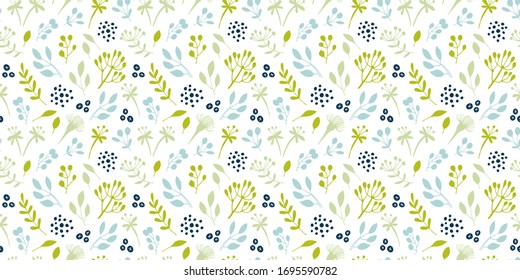 Flores y ramas sin fisuras, de fondo floral vectorial a mano
