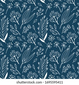 Flores y ramas sin fisuras, fondo floral vectorial a mano con flores de eucalipto