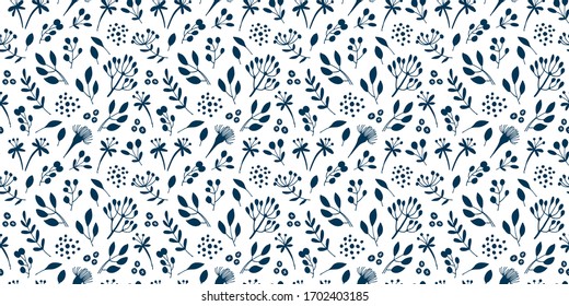 Flowers and branches seamless pattern, hand drawn vector floral background