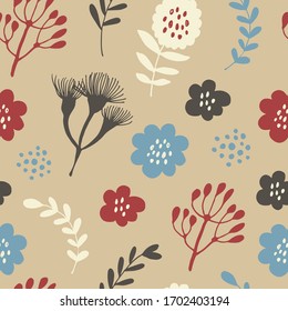 Flowers and branches seamless pattern, hand drawn vector floral background with flowers, leafs, branches