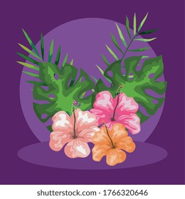 flowers with branches and tropical leaves decoration vector illustration design