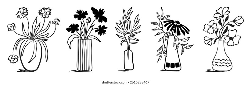 Flowers and branches in a vase. A set of hand-painted flowers and herbs. Botanical monochrome vector illustration. Elements for postcards, wedding invitations, blogs, labels, wallpapers, and logos.