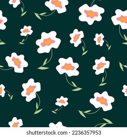 Flowers with a bright middle on a green background. Flower pattern for textiles. Repeating picture vector.