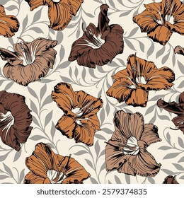 Flowers in brown and beige tones on a light background. Seamless vector pattern of aloha hawaiian shirt.