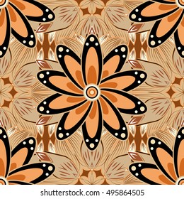 Flowers brown petals flowers background. Vector. Beige. Mandala.