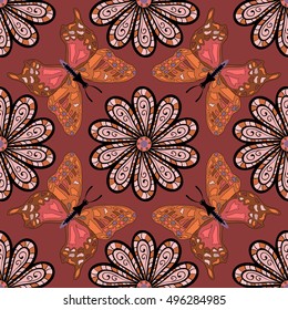 Flowers brown petals flowers background. Vector. Butterflies. Mandala.