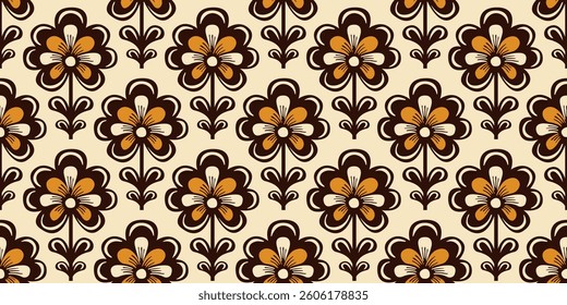 The flowers are brown, white, and orange, with a simple, almost cartoonish design. They are arranged in a symmetrical pattern against a light beige background.