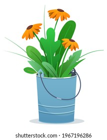 Flowers in a bucket flat vector illustration. Bouquet of yellow calendula.
