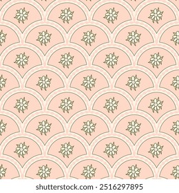 Flowers bud scallop seamless pattern. Floral arch repeat background. Simple retro endless design. Vector hand drawn flat illustration.