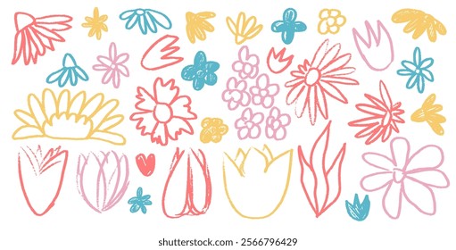 Flowers bud set. Spring tulip, daisy, chamomile and marguerite head plants doodle. Summer floral kids elements. Chalk childish shape. Vector naive pencil illustration isolated on white background.